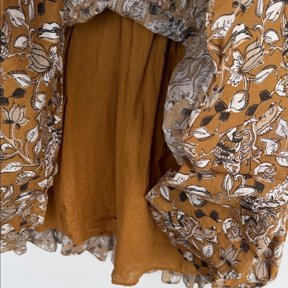 Anthropologie Floral Tiered Cottagecore Boho Dress Petite 6P Mustard Botanical - Picture 13 of 16